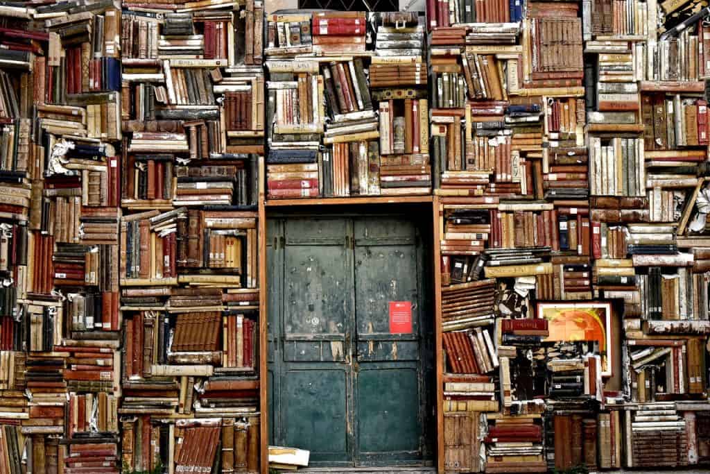 libri, scaffali, porta
